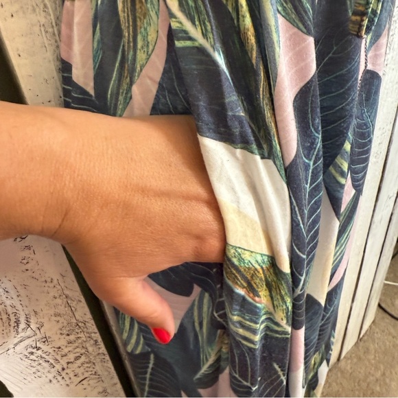 Husk Ary Tropical Leaf Maxi Dress Long V-Neck Drawstring Sundress Pockets Boho - Picture 4 of 11